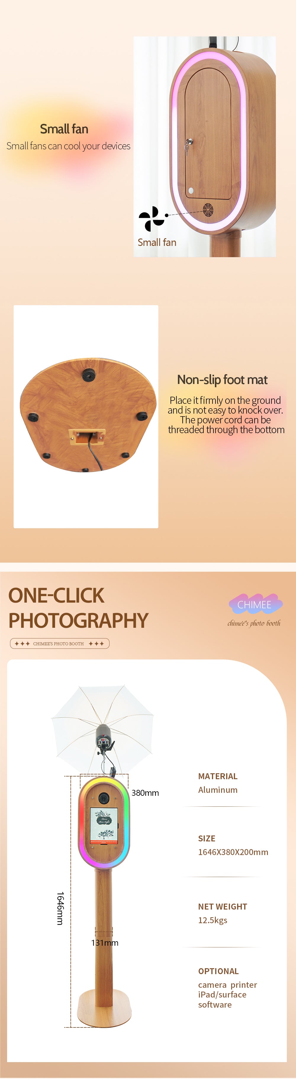 Wood Grain iPad / Surface Pro DSLR Oval Photo Booth Shell | RGB Light, Portable with Flight Case