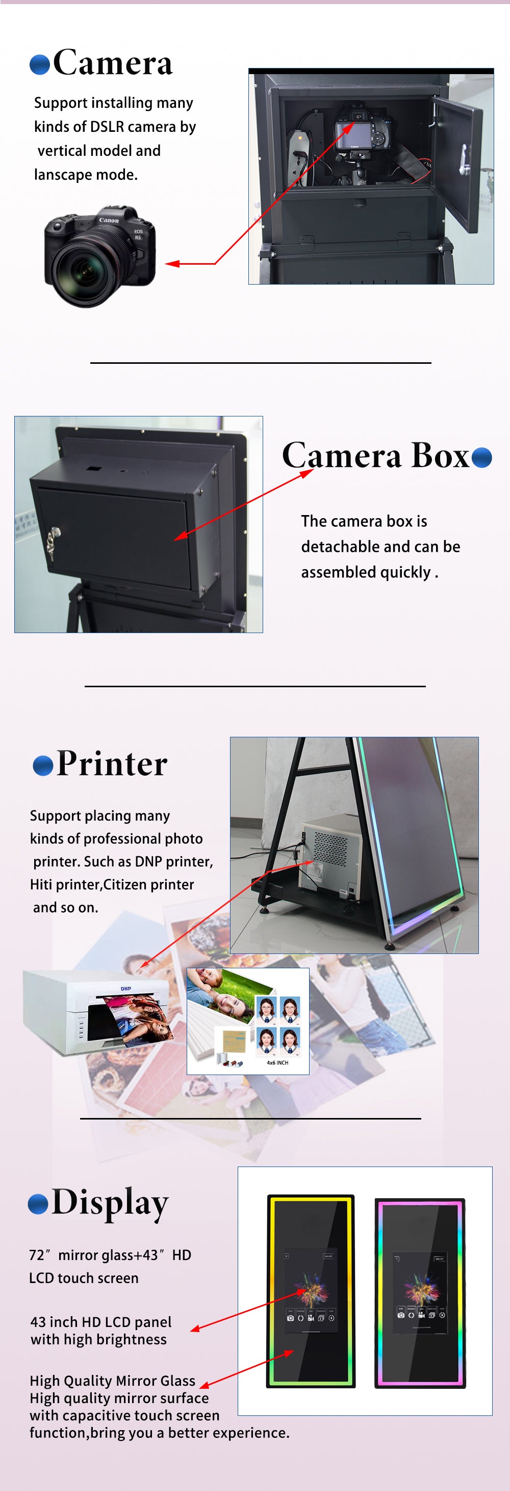 43" Touchscreen Mirror Photo Booth | 72" Full-Length Mirror, RGB Lighting, DSLR + Printer Ready