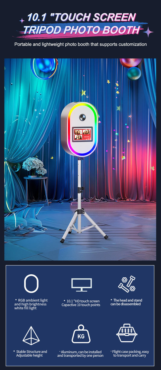 Take your photo booth business mobile with this lightweight, customizable 10.1" Touch Screen Tripod Photo Booth. Equipped with a DSLR mount, RGB ring light, adjustable height tripod, and remote/app light control — perfect for weddings, events, and brand activations.