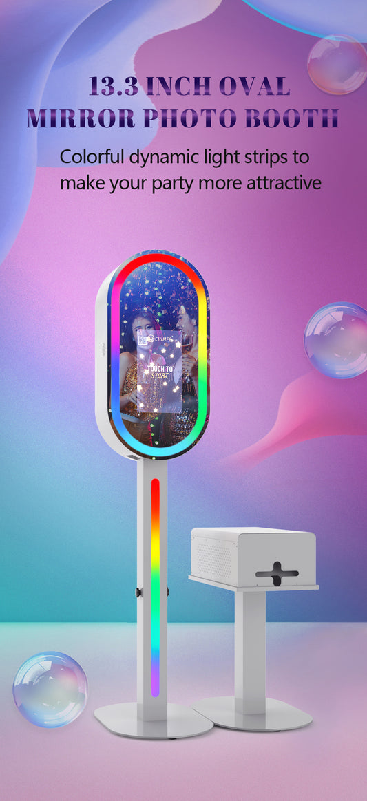 Elevate your events with the 13.3” Mirror Photo Booth — featuring a vivid HD glass mirror, 1920×1080 touchscreen, RGB light strips, and a detachable printer stand. Ideal for weddings, parties, and brand activations.