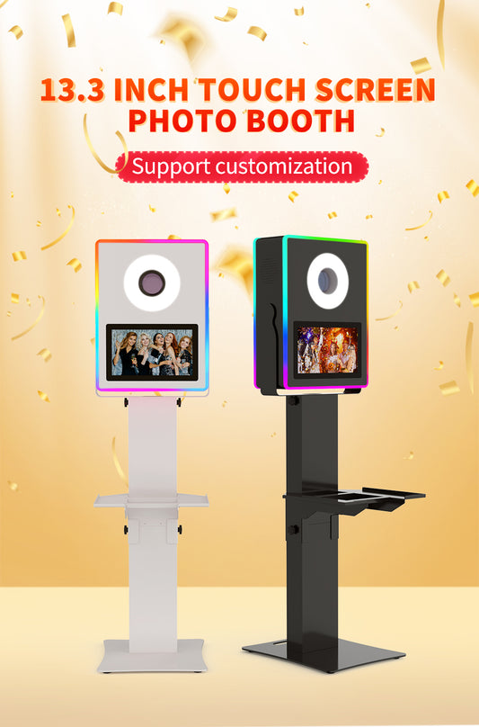 Upgrade your photo booth setup with this 13.3" Touch Screen Photo Booth. Features include DSLR compatibility, smart RGB ambient lighting, LED flash, and included flight case for secure event transport — perfect for weddings, activations, and private rentals.