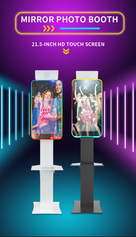 Take your event business to the next level with this sleek 21.5" Mirror Photo Booth featuring a full HD touchscreen, RGB lighting, and durable flight case. Perfect for weddings, parties, and event rentals.
