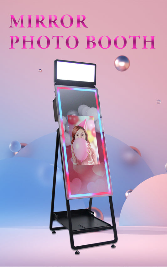 Create unforgettable moments with this Mirror Photo Booth featuring a 21.5” HD LCD touchscreen, DSLR support, vibrant RGB light edge, and a built-in Windows PC. Perfect for weddings, activations, and photo booth rentals.