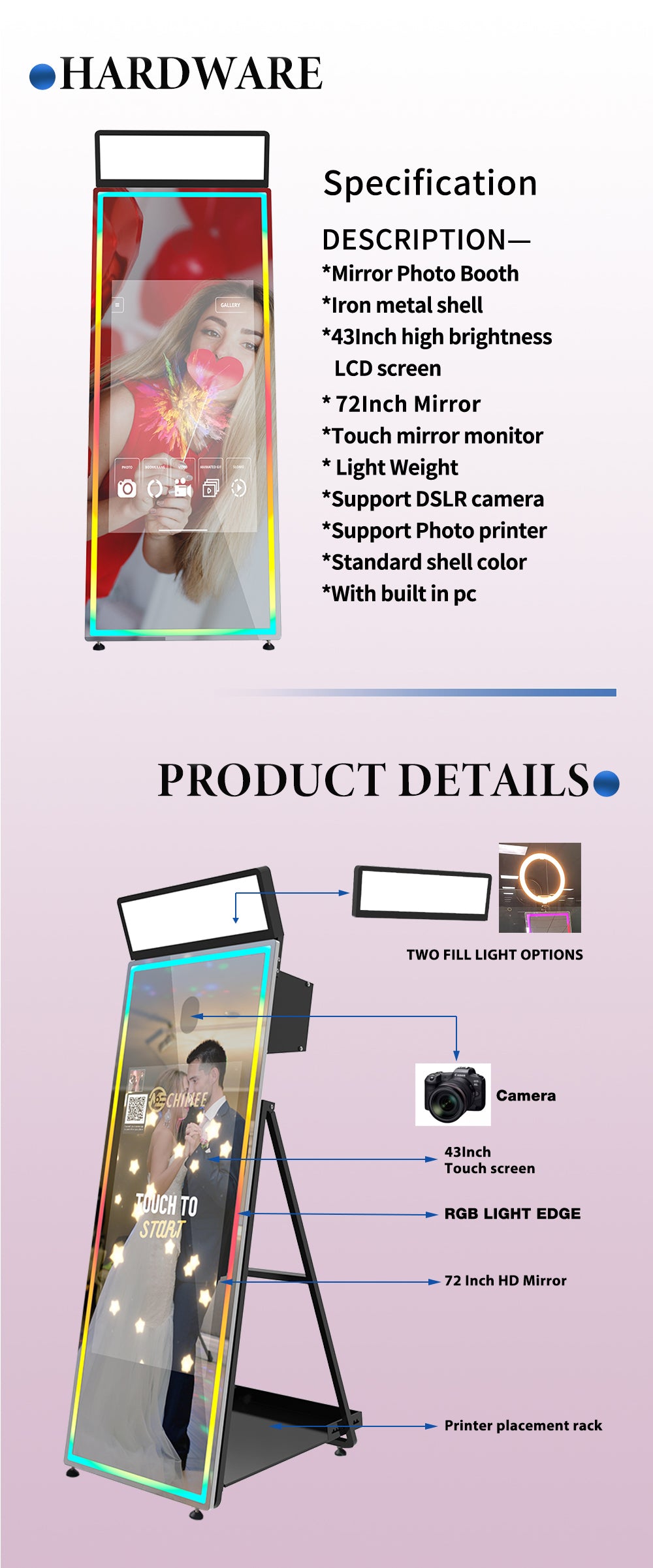43" Touchscreen Mirror Photo Booth | 72" Full-Length Mirror, RGB Lighting, DSLR + Printer Ready