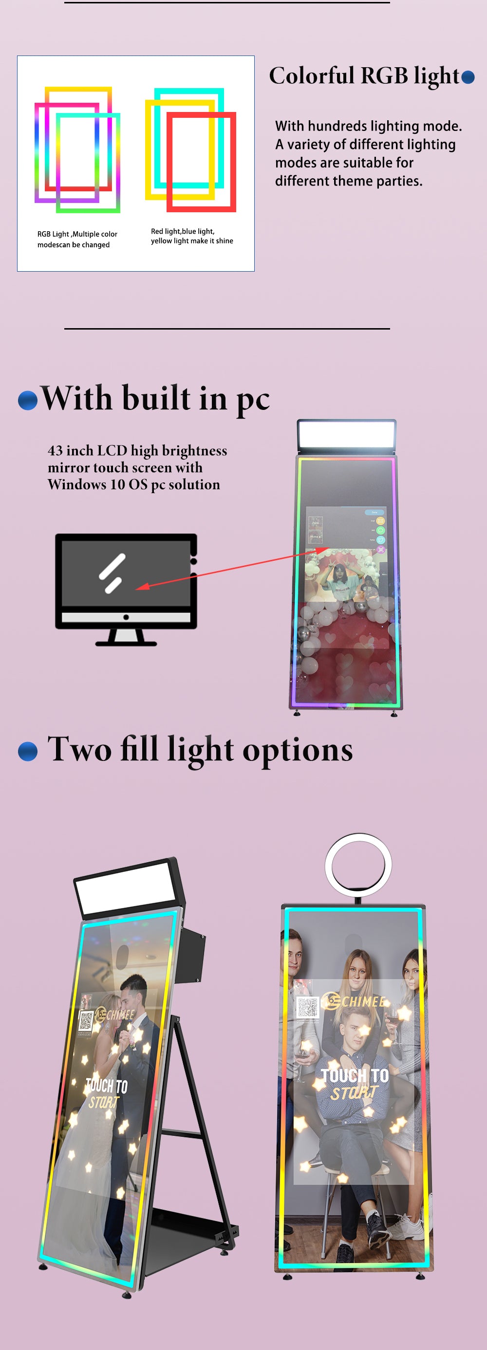 43" Touchscreen Mirror Photo Booth | 72" Full-Length Mirror, RGB Lighting, DSLR + Printer Ready