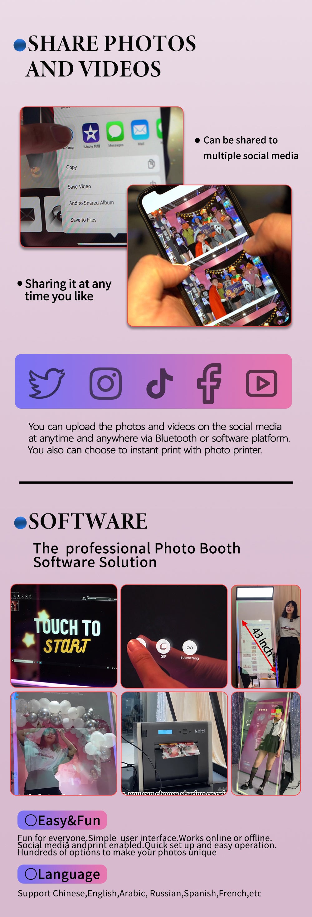 43" Touchscreen Mirror Photo Booth | 72" Full-Length Mirror, RGB Lighting, DSLR + Printer Ready