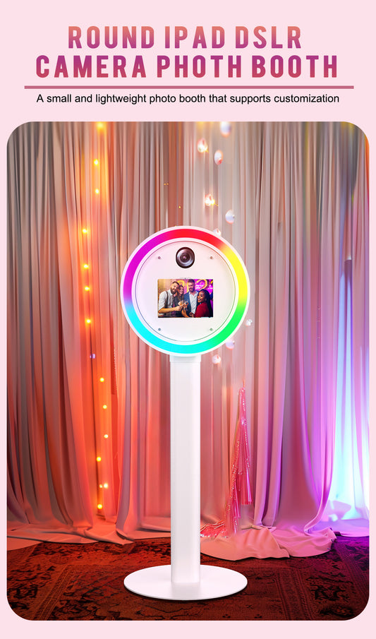 Step up your event game with the Round iPad DSLR Camera Photo Booth — the perfect fusion of style, performance, and portability. Featuring RGB lighting, DSLR/iPad flexibility, and full customization options, this booth is a showstopper for weddings, activations, and parties.

