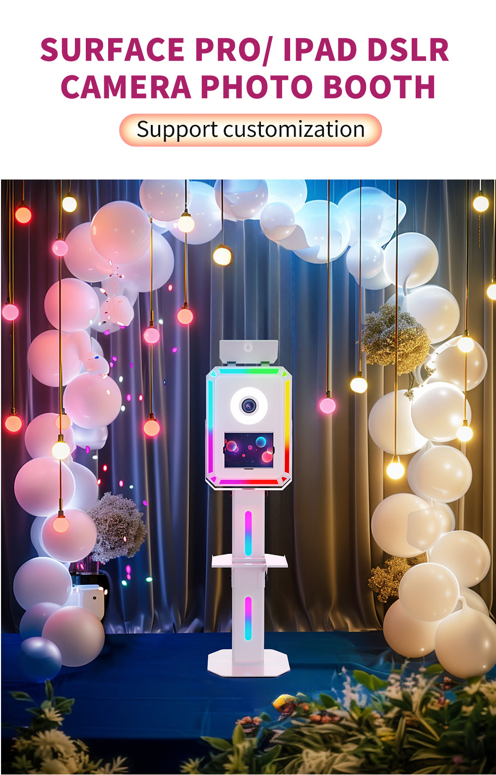 Elevate your events with the Surface Pro/iPad DSLR Photo Booth. RGB lighting, adjustable tilt, flight case included, and supports Surface Pro or iPad + DSLR setup. Fast setup, stunning visuals, pro-grade performance.